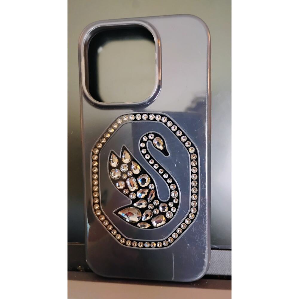 Swarovski Signum For iPhone 14 Pro Max. Iconic Swan Logo, silver-shade Crystals